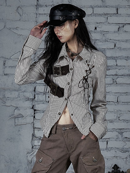 ブラウンホワイトバックルレースアップ柄ストライプデザインウェイストランド装飾シャツパンク