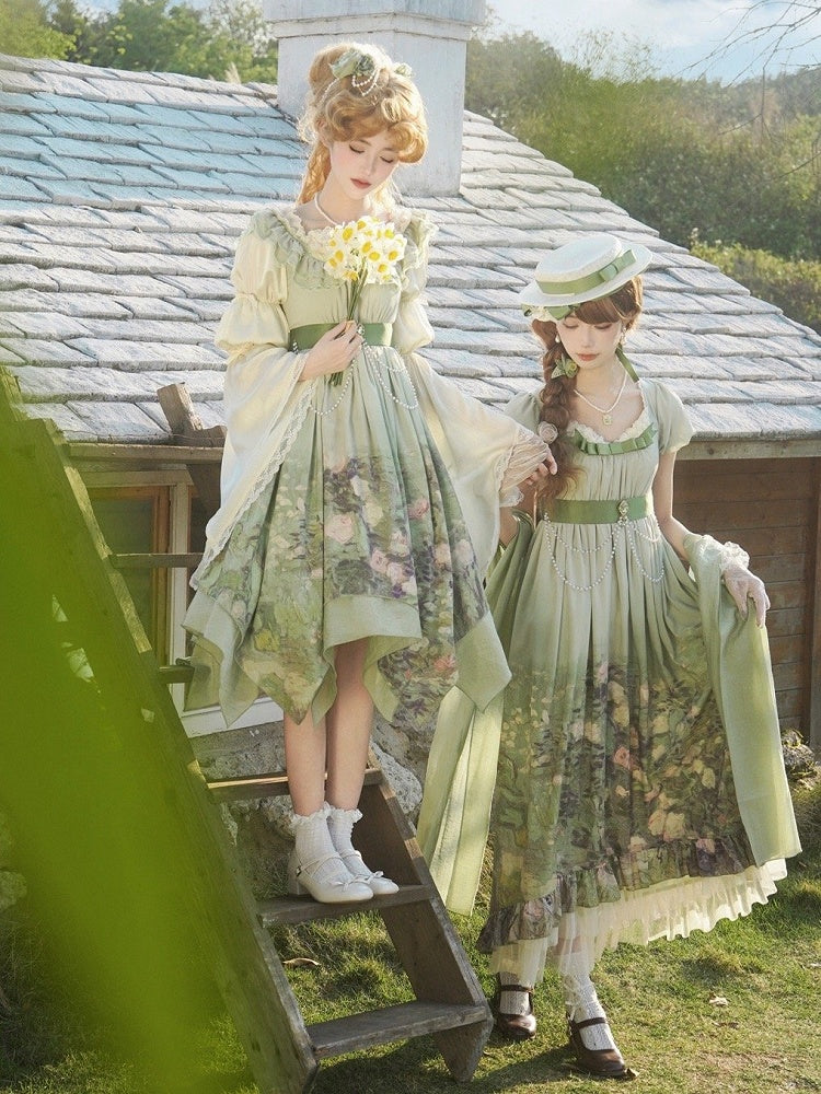 Waist Jumper Oil Hem Handkerchief Skirt Lolita Print Empire Green Painting