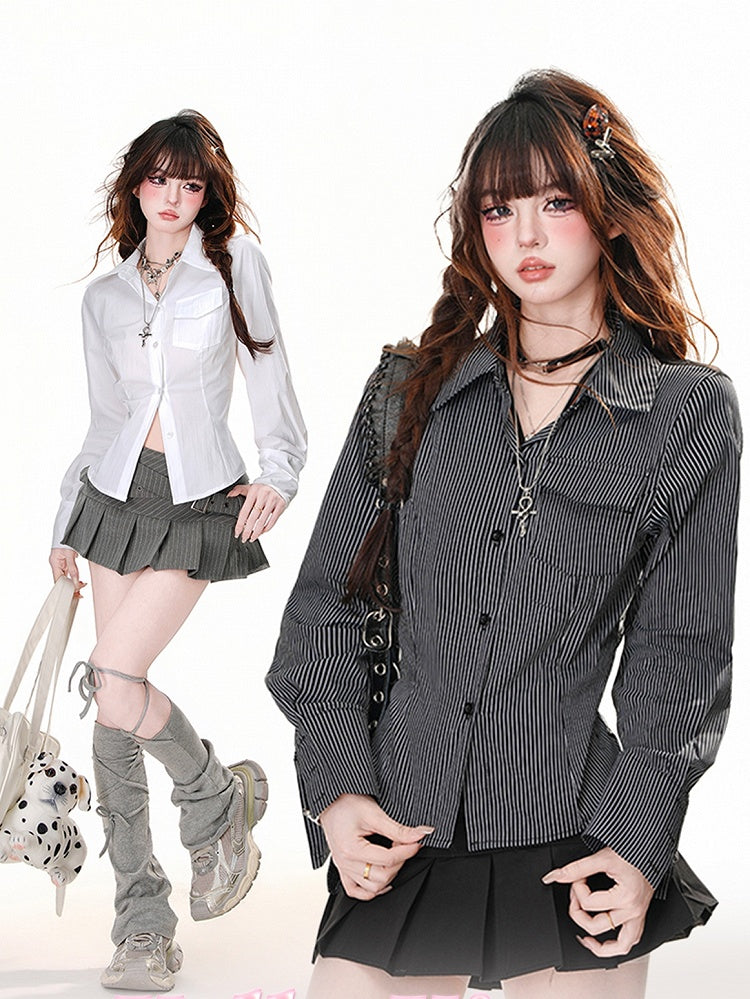 ブラックストライプ/ホワイトレースパッチバックスリムフィットシャツ