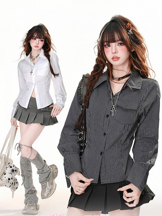 ブラックストライプ/ホワイトレースパッチバックスリムフィットシャツ