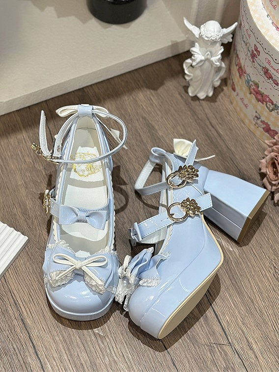 Mary Lolita Round-Toe Bow and with A Heel 8cm Janes Heels Delicate in Elegant - Blue White