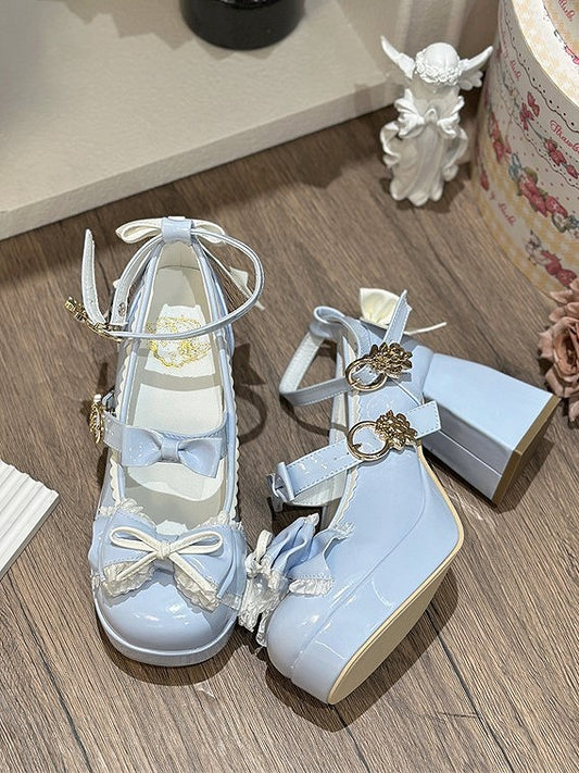 Mary Lolita Round-Toe Bow and with A Heel 8cm Janes Heels Delicate in Elegant - Blue White