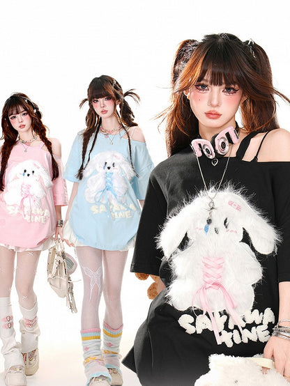 Plush Bunny Applique Criss-cross Design Cutout Shoulder Pink/Blue/Black Loose T-Shirt