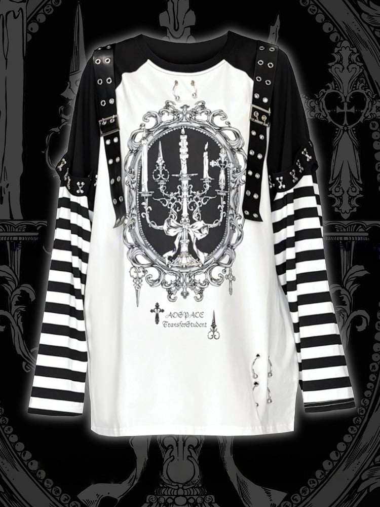 Printed Top Kei Black Striped Candle Straps Long-Sleeve Punk Decorated White Leather Jirai