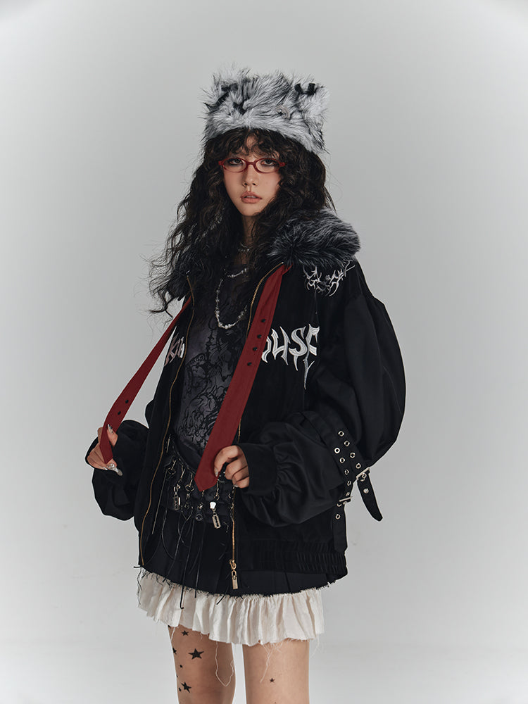 with Jacket Fall/Winter Streetwear Punk Collar Faux Y2K Fur Studded Red Straps Black