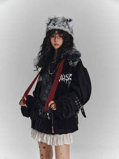 with Jacket Fall/Winter Streetwear Punk Collar Faux Y2K Fur Studded Red Straps Black