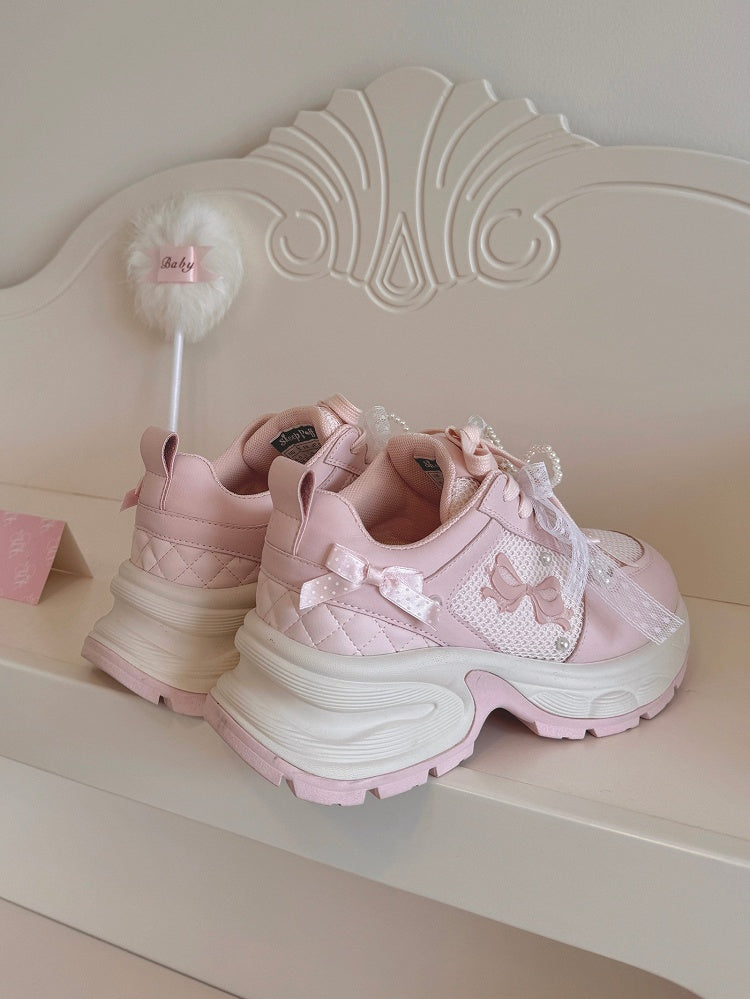 Front Lace-up Details Ties Sneakers Bowknot Decorated Beaded Pink