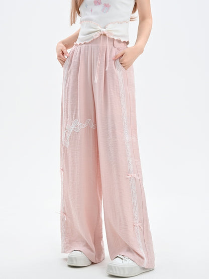 Sweet Regular/Short Pink High Version Waist Wide-Leg Pants Bowknot Embroidery