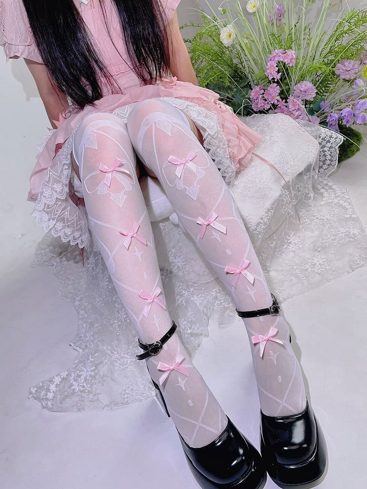 White and Pink Bow Semi-sheer Over Knee Stockings