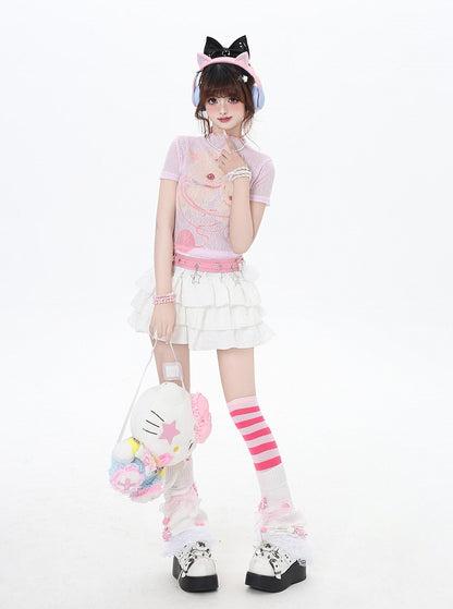 Cropped Beige/Light Pink Yume T-Shirt Adorable Animal Print Semi-sheer Kawaii