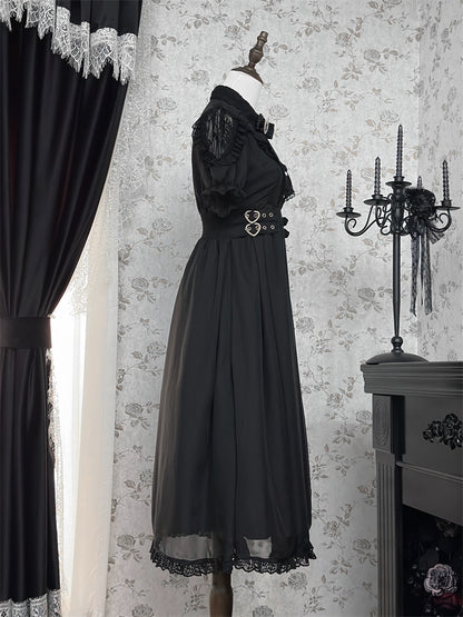 Hem Ruffles Tiered Dress Jirai Kei Black Chiffon Heart Buckles Waist