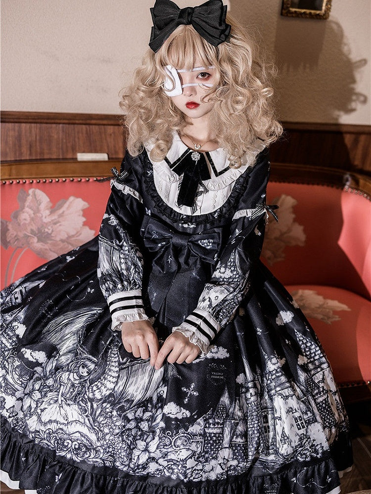 Castle Lolita OP Black Long-Sleeve Gothic Print Dress White