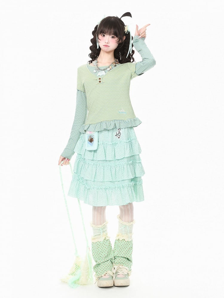 Green Embroidered Detail Polka Dot Ruffle Tiered Skirt Design - Languid Park