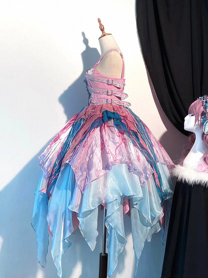 Embroidery Pink Bodice Print Biochemical Ribs Layered Handkerchief Lolita Spider Hem Dress