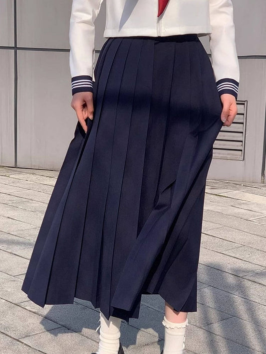Navy Blue High Waist JK Pleated Long Skirt - Lan Jian Chuan