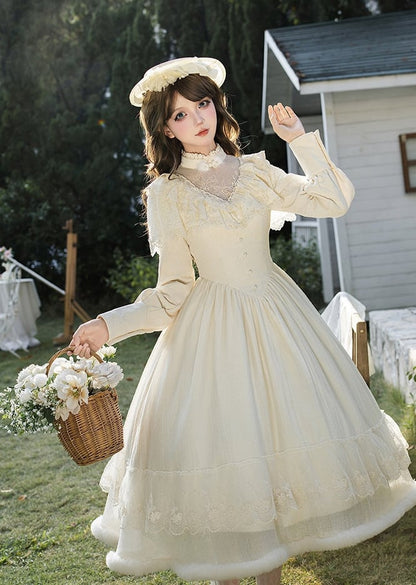 Dress Neck Embroidery Sleeves Edward Long Creamy Lolita Camellia Elegant with