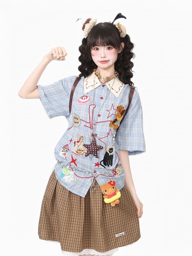 Daily Kawaii Blue Plaid Shirt with Animal Embroidery - Languid Park