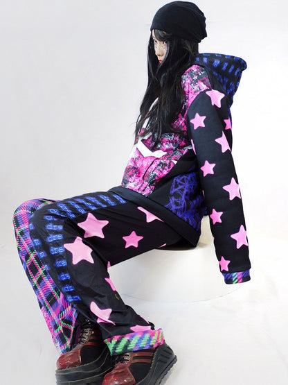 Pants Print Pattern Y2K Colorful Plaid And Wide-leg Skeleton Cut Star