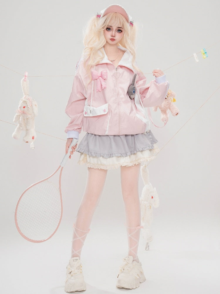 Grey Bowknot Details Tiered Skirt Lace Trim