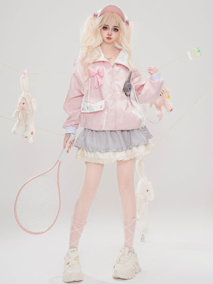 Grey Bowknot Details Tiered Skirt Lace Trim