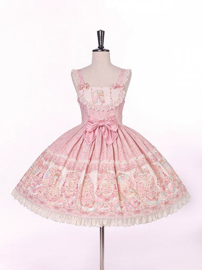 Sweet Pink Doll-Themed Lolita JSK with Bow Accents and Toy Bed Print - Alice Girl