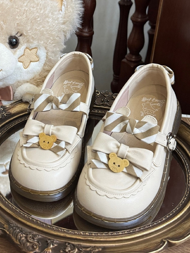 Pattern PU Details Off-white 2cm - Striped Shoes Bow Lolita Bear