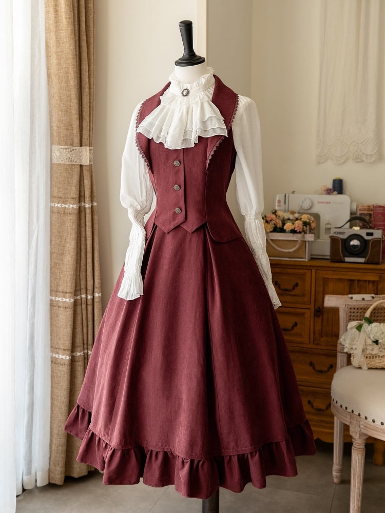 Vintage Red Winter Waistcoat and Boned High-Waisted Skirt Set