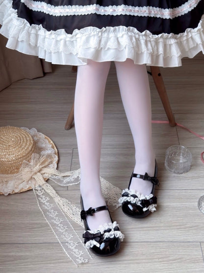 Mary with - Design Lolita Bead Low-heel Details Sweet Leather Black PU Janes