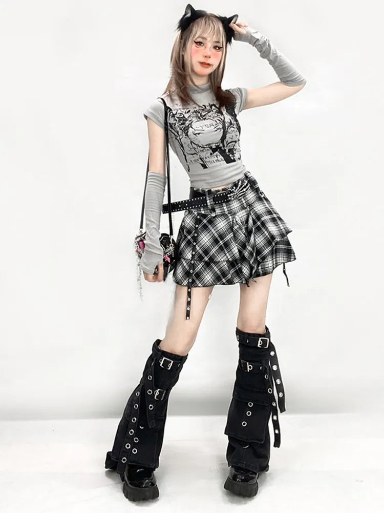 ストラップ、ハンカチ、レッグ、ブラック、裾バックル、ホワイト、ウォーマー、スカート、チェック柄