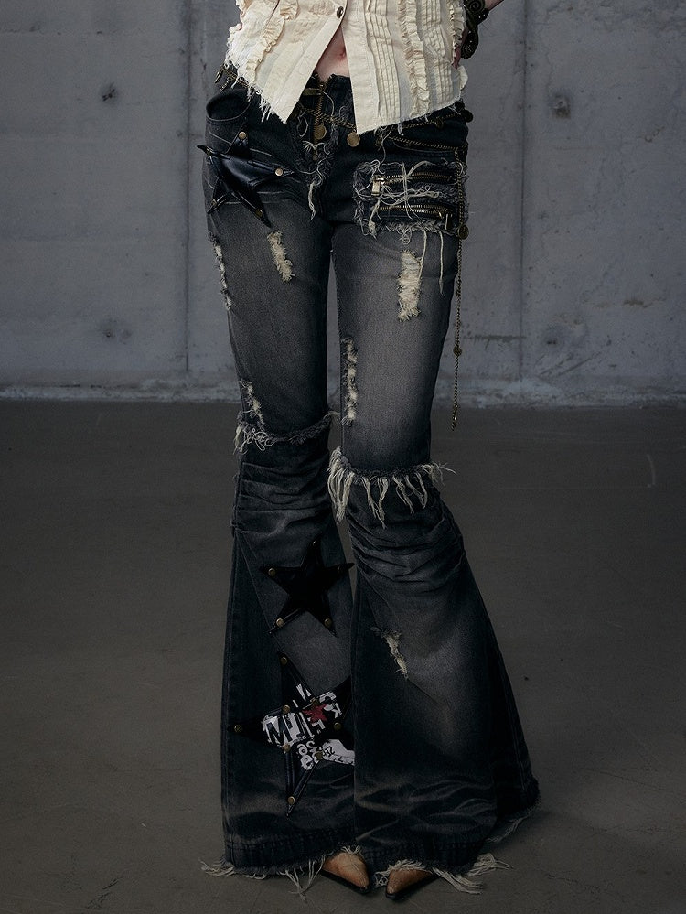 Patches Black PU Flared Rock Star Punk Wasteland Hem Washed Raw Jeans with