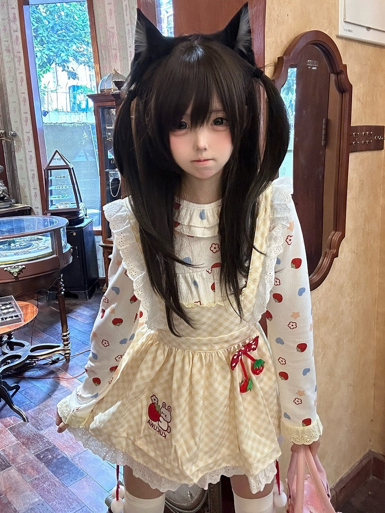 Flutter Dot Plaid Charm Bow Yellow Polka Trim Apron - Lace Strawberry Sleeve