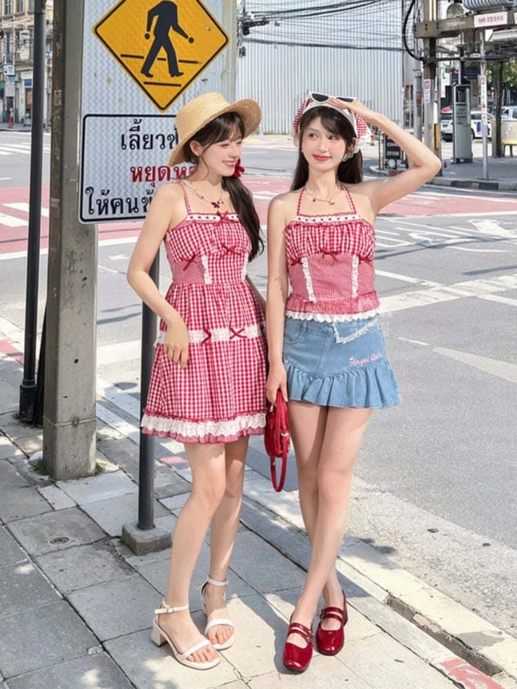 夏用レーストリム、レッドホワイトチェック柄ホルターネックトップ、ホリデー