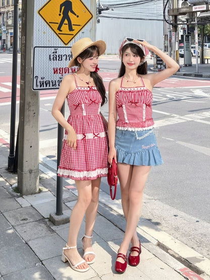 夏用レーストリム、レッドホワイトチェック柄ホルターネックトップ、ホリデー