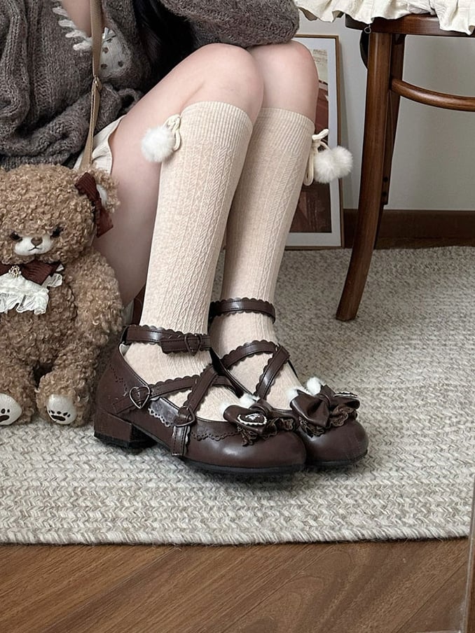Bow Ear Snap Heels Plush Edge Lolita - Adjustable Heart Low Decor Sweet Scalloped Bear Brown with Top