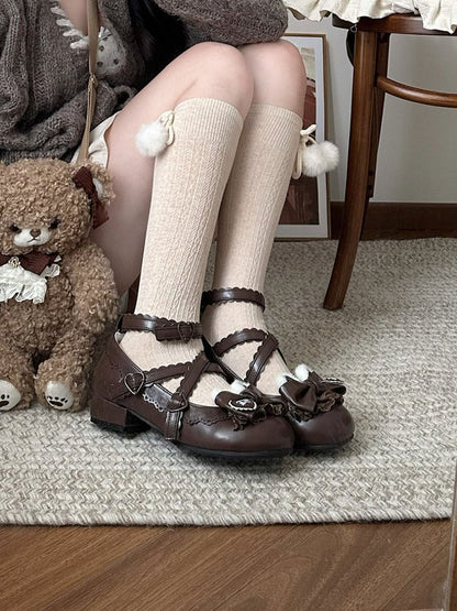 Bow Ear Snap Heels Plush Edge Lolita - Adjustable Heart Low Decor Sweet Scalloped Bear Brown with Top