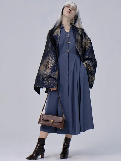 Dusty Collar Point Blue Chinese with Dress in Shirt Flat Style