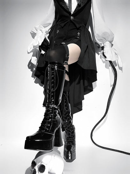 Stiefel Kniehoch Schnürung vorne Schwarz Blockabsatz Plateau Hochglanz Gothic