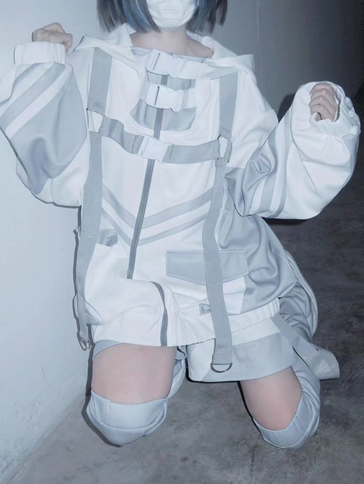 White & Gray Cyberpunk Patch Pockets Elastic Waist Jirai Kei Shorts