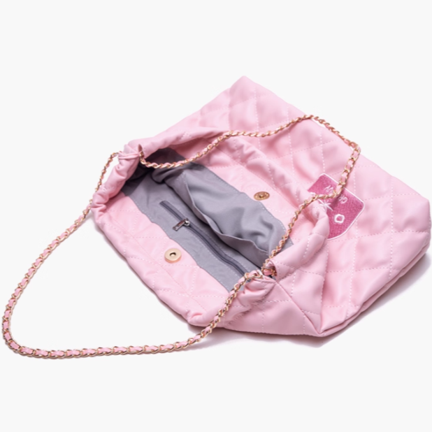 Sweet Pink Diamond Bag With Clover And Letter Embroidery Quilted Drawstring Shoulder