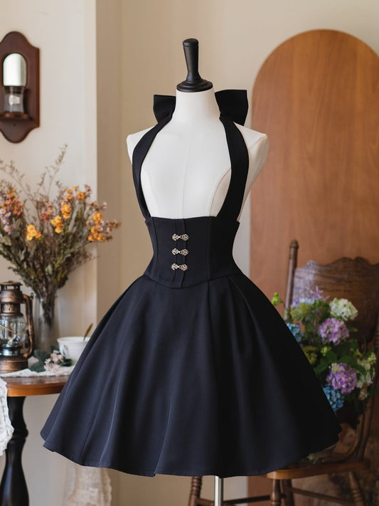 ヴィンテージブラックショートバージョン ボーン入りコルセットベルト ハイウエストスカート 取り外し可能なホルターストラップ付き