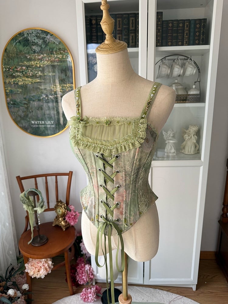 Green Oil Painting Lace-Up Corset Top - Nine Odes