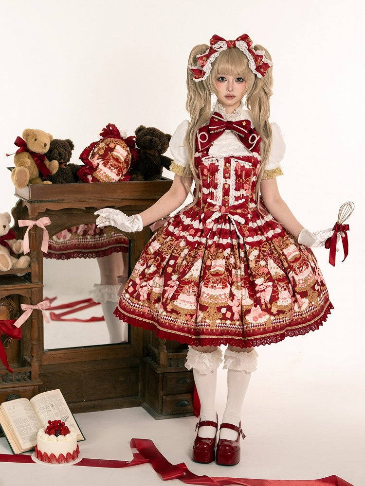 JSK Details Lolita Sweet Bow Trim with and Lace Bear Print Red Cake Dress