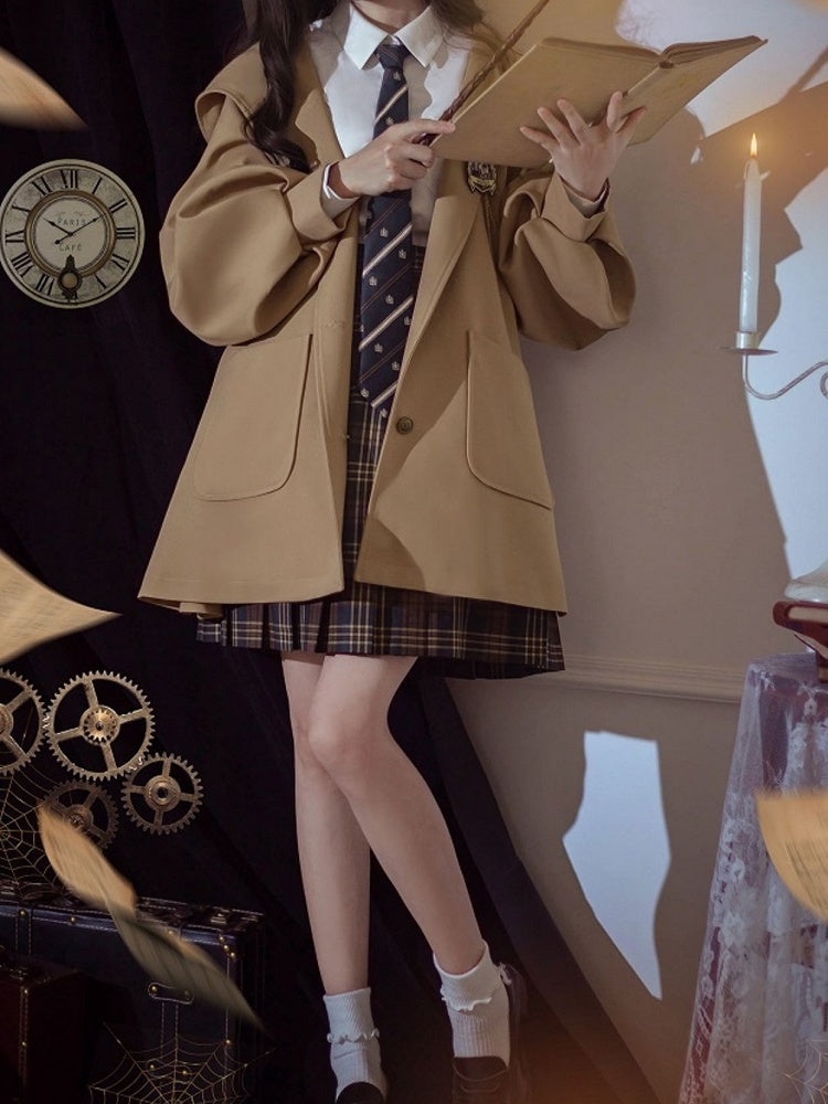 Khaki Regular/Thicken Coat Vintage-Inspired Hooded Style Preppy Version