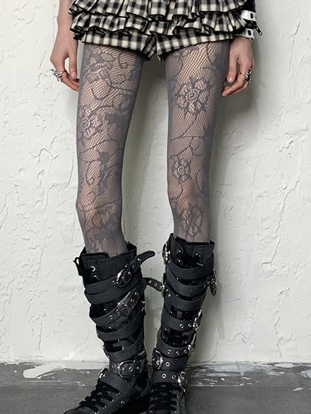 パターン ホワイト/ブラック/グレー タイツ 花柄 Y2K