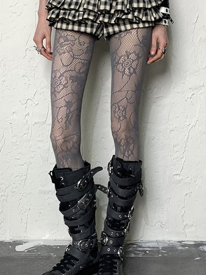 パターン ホワイト/ブラック/グレー タイツ 花柄 Y2K