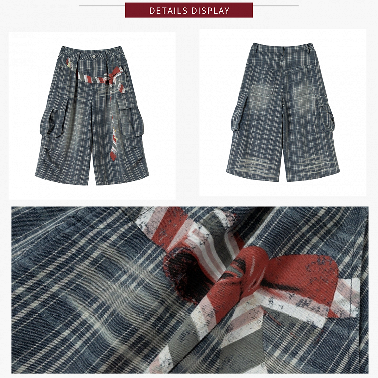 Blue Plaid Denim Wide Leg Cropped Pants with Belt Print - KNOW8 Online Shop
