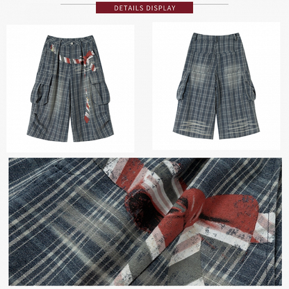 Blue Plaid Denim Wide Leg Cropped Pants with Belt Print - KNOW8 Online Shop