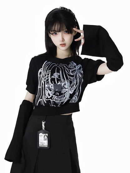 Black Anime Girl Print with Armwear Free Cropped T-shirt