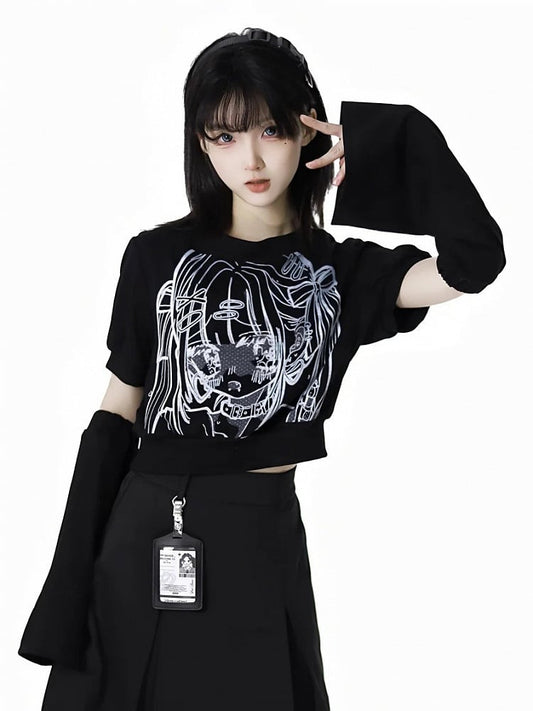 Black Anime Girl Print with Armwear Free Cropped T-shirt