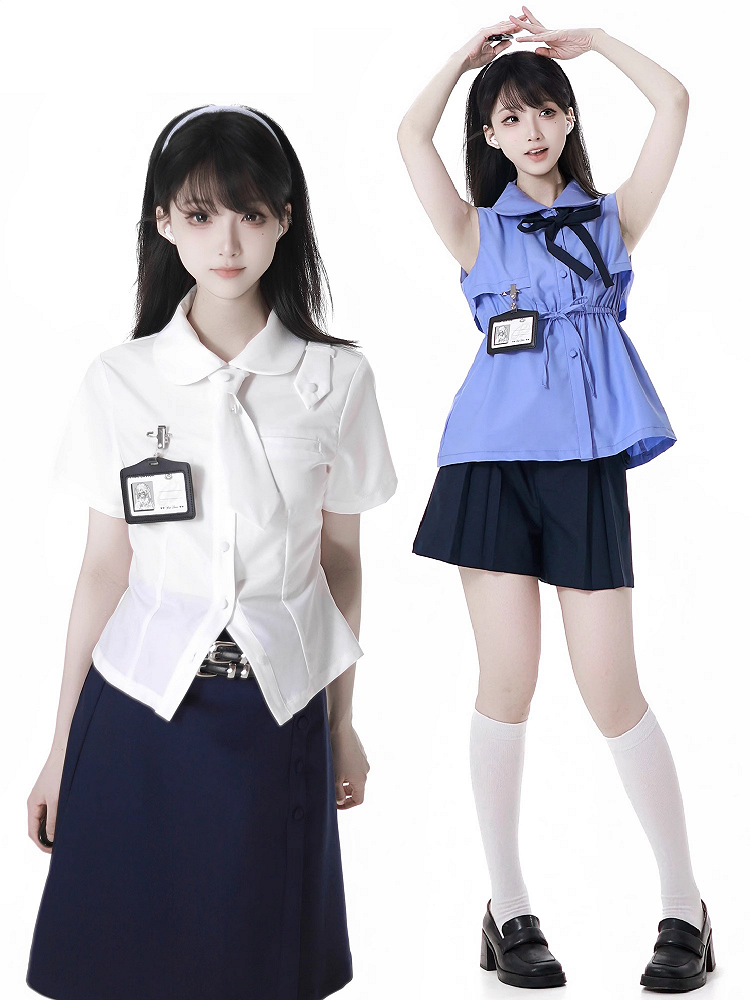 ホワイトピーターパンカラー半袖シャツネクタイとホルダーカード付き